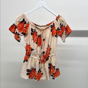 Ganni Silk Cream and Orange Floral Blouse
